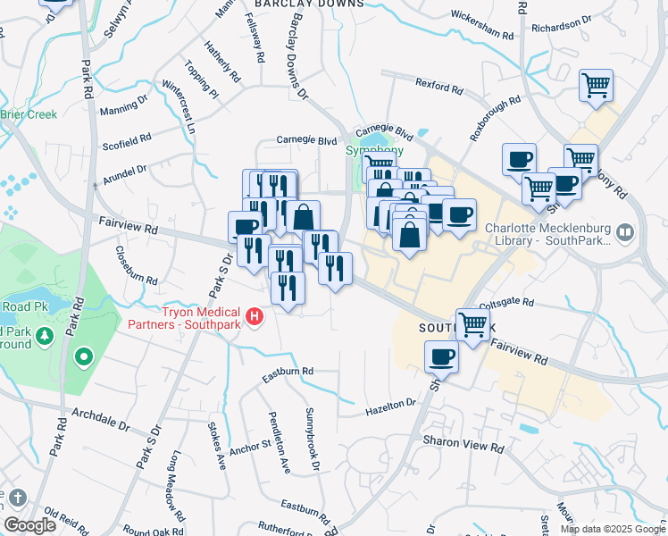 map of restaurants, bars, coffee shops, grocery stores, and more near 6201 Fairview Road in Charlotte
