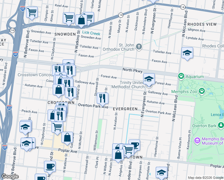map of restaurants, bars, coffee shops, grocery stores, and more near 476 North Willett Street in Memphis