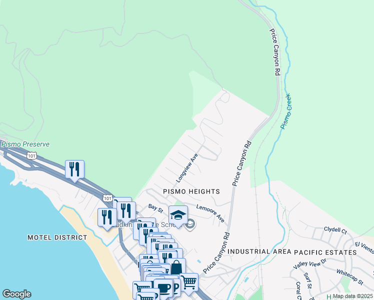 map of restaurants, bars, coffee shops, grocery stores, and more near 941 Visalia Street in Pismo Beach
