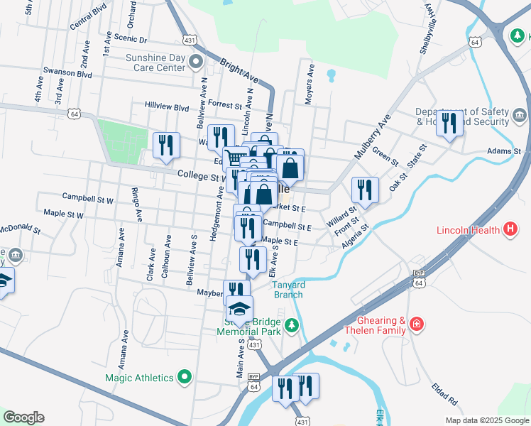 map of restaurants, bars, coffee shops, grocery stores, and more near 203 Main Avenue South in Fayetteville