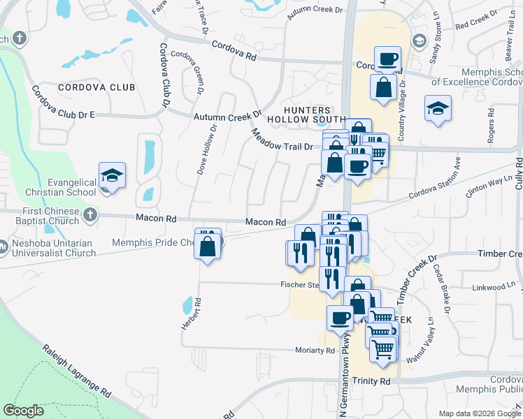 map of restaurants, bars, coffee shops, grocery stores, and more near 944 Grouse Meadow Drive in Memphis