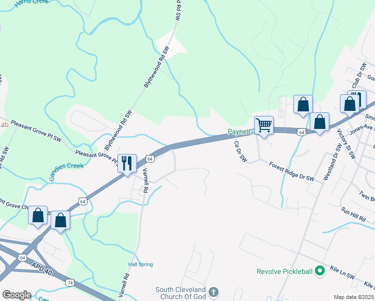map of restaurants, bars, coffee shops, grocery stores, and more near 2145 South Lee Highway in Cleveland