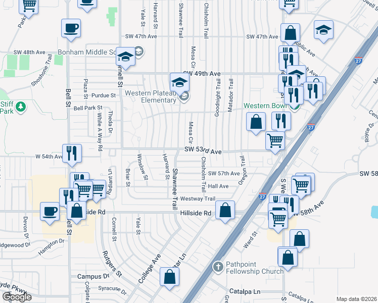 map of restaurants, bars, coffee shops, grocery stores, and more near 5009 Southwest 53rd Avenue in Amarillo