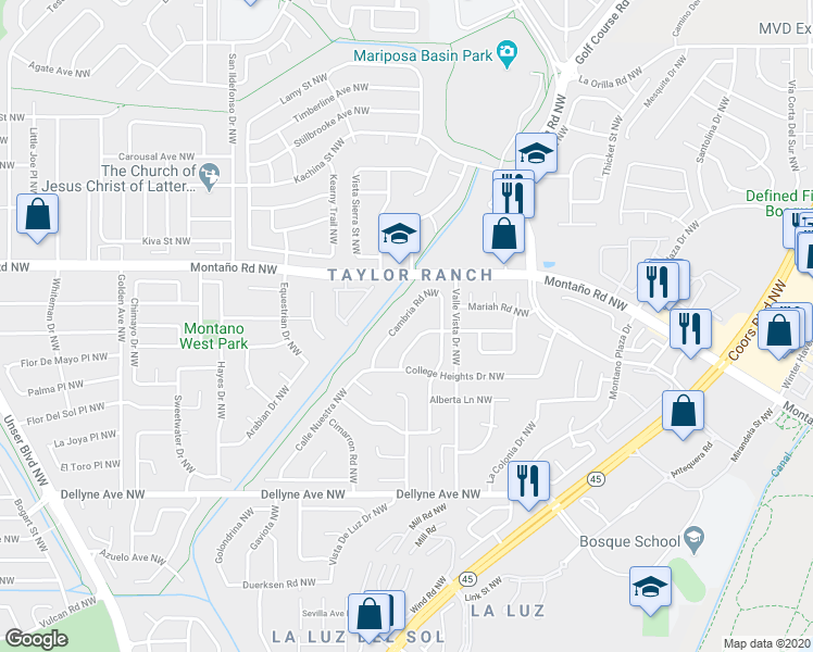 map of restaurants, bars, coffee shops, grocery stores, and more near 5716 Cambria Road Northwest in Albuquerque
