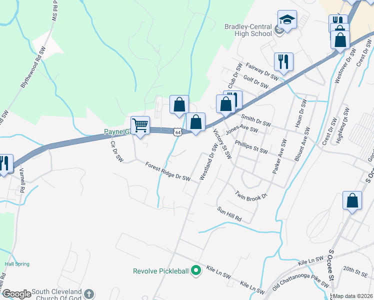 map of restaurants, bars, coffee shops, grocery stores, and more near 1702 McDonald Ln SW in Cleveland