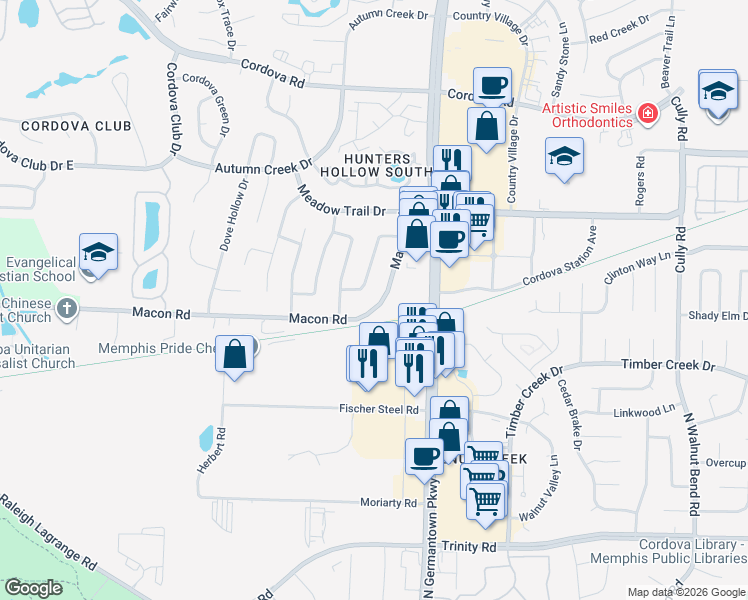 map of restaurants, bars, coffee shops, grocery stores, and more near 7934 Macon Road in Memphis