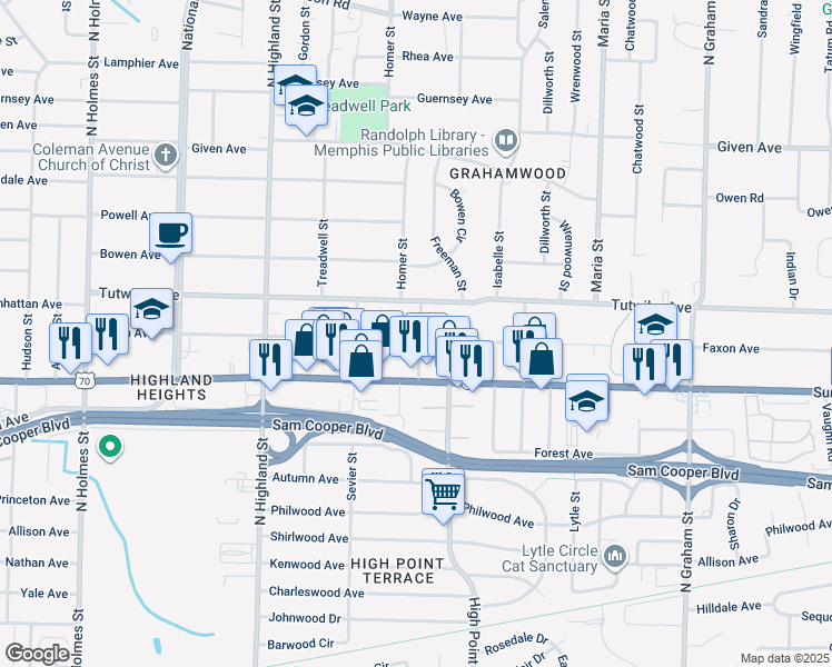map of restaurants, bars, coffee shops, grocery stores, and more near 3666 Faxon Avenue in Memphis