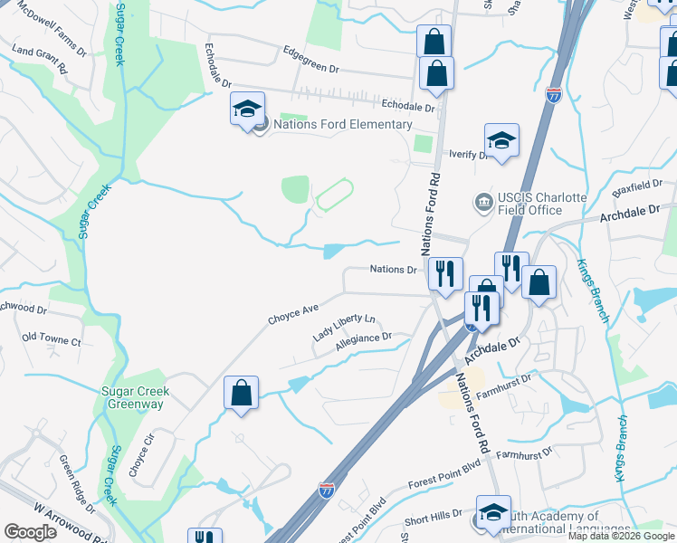 map of restaurants, bars, coffee shops, grocery stores, and more near 1156 Nations Drive in Charlotte