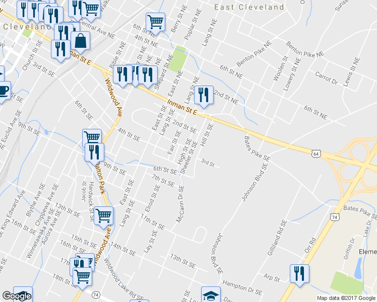 map of restaurants, bars, coffee shops, grocery stores, and more near 285 High Street Southeast in Cleveland