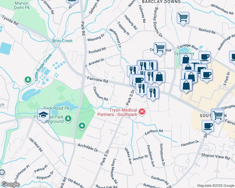 map of restaurants, bars, coffee shops, grocery stores, and more near 3317 Old Closeburn Court in Charlotte