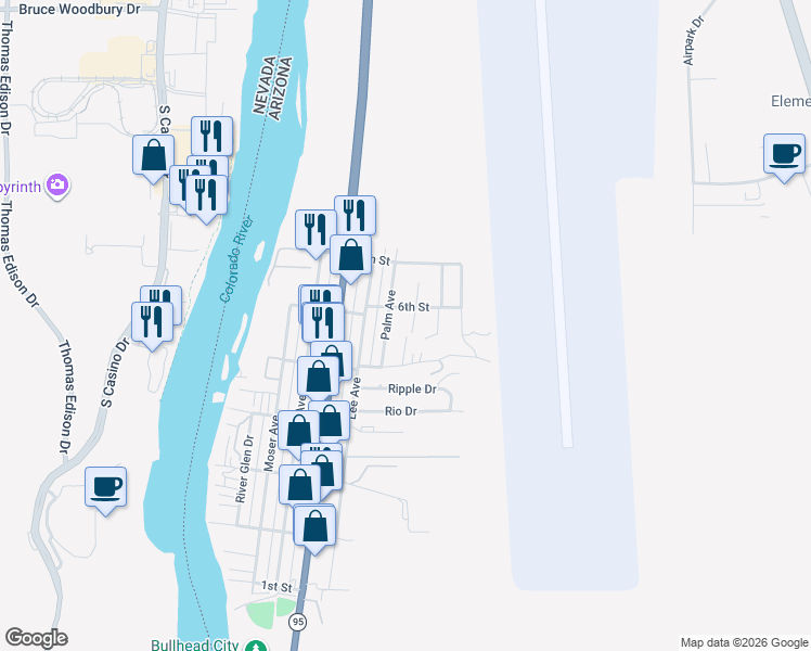 map of restaurants, bars, coffee shops, grocery stores, and more near 192 Palm Ave in Bullhead City
