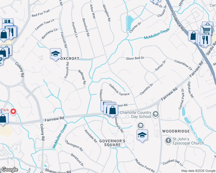 map of restaurants, bars, coffee shops, grocery stores, and more near 3100 Valencia Terrace in Charlotte