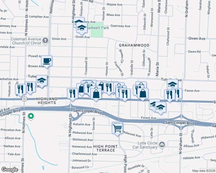 map of restaurants, bars, coffee shops, grocery stores, and more near 3666 Faxon Avenue in Memphis