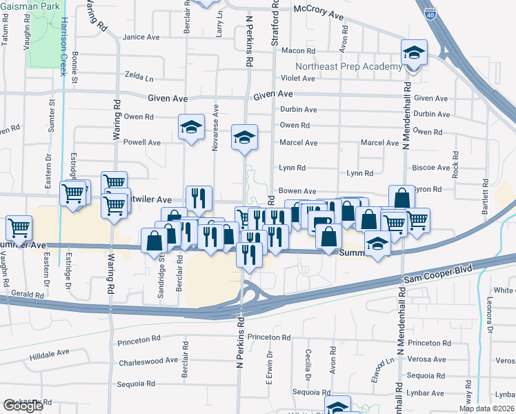map of restaurants, bars, coffee shops, grocery stores, and more near 719 Stratford Road in Memphis