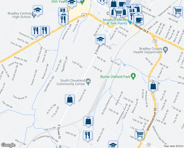 map of restaurants, bars, coffee shops, grocery stores, and more near 1222 Church Street Southeast in Cleveland