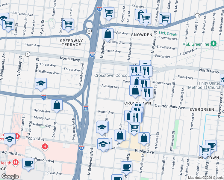 map of restaurants, bars, coffee shops, grocery stores, and more near 436 North Montgomery Street in Memphis