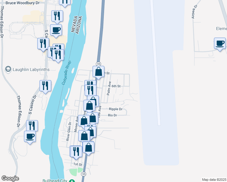 map of restaurants, bars, coffee shops, grocery stores, and more near 192 Palm Ave in Bullhead City