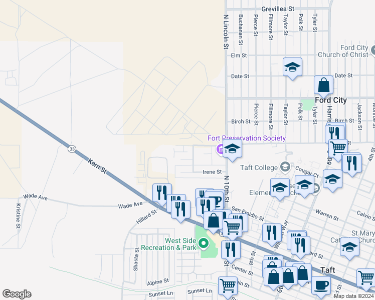 map of restaurants, bars, coffee shops, grocery stores, and more near 205 West Ash Street in Taft