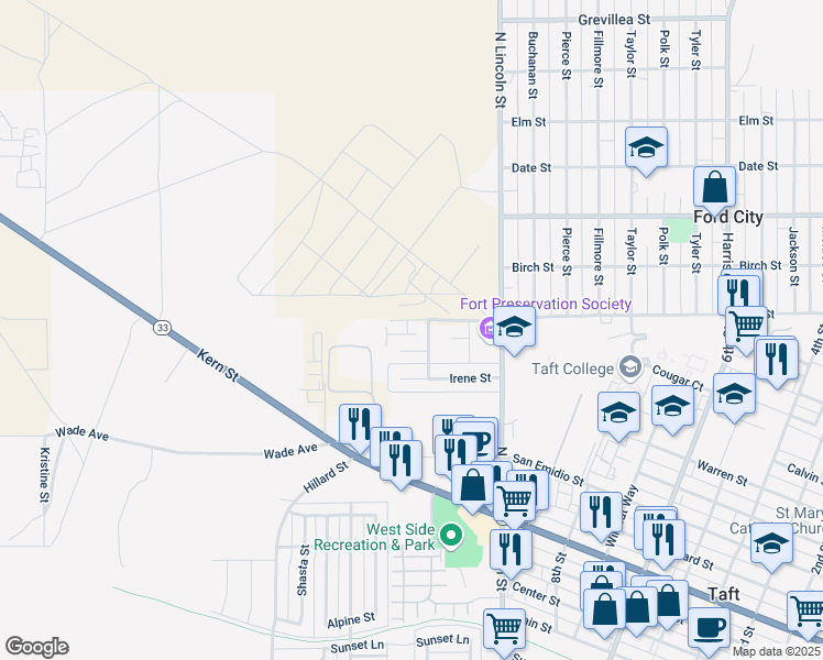 map of restaurants, bars, coffee shops, grocery stores, and more near 205 West Ash Street in Taft