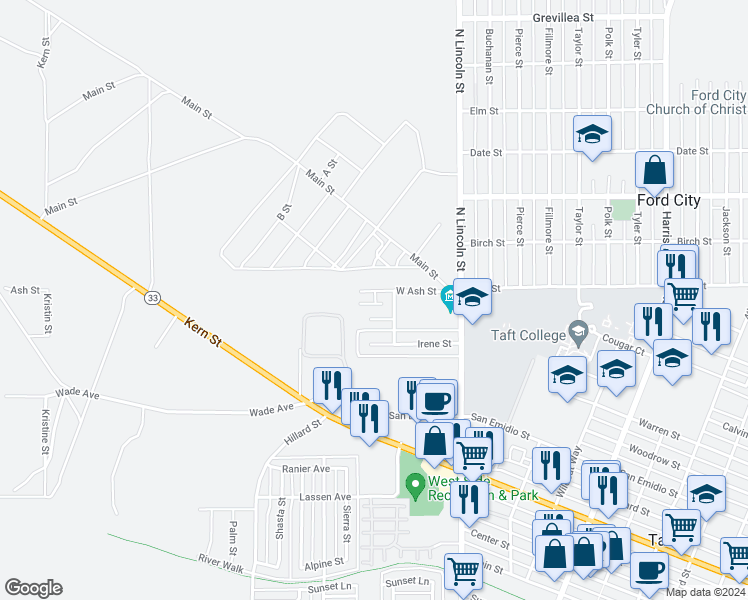 map of restaurants, bars, coffee shops, grocery stores, and more near 205 West Ash Street in Taft