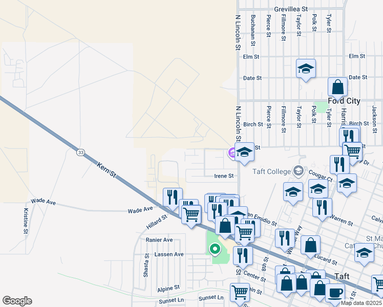 map of restaurants, bars, coffee shops, grocery stores, and more near 205 West Ash Street in Taft