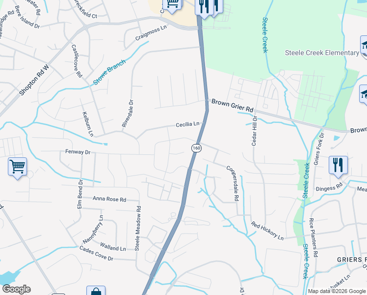 map of restaurants, bars, coffee shops, grocery stores, and more near 4642 Collingham Drive in Charlotte
