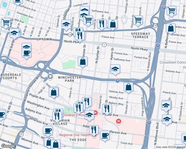 map of restaurants, bars, coffee shops, grocery stores, and more near 843 Lane Avenue in Memphis