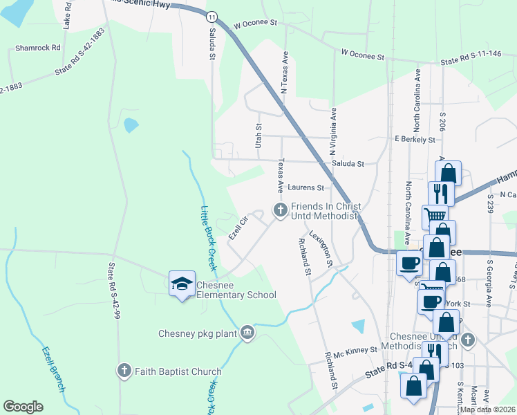 map of restaurants, bars, coffee shops, grocery stores, and more near 124 Foster Circle in Chesnee