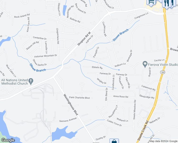 map of restaurants, bars, coffee shops, grocery stores, and more near 5411 Fenway Drive in Charlotte