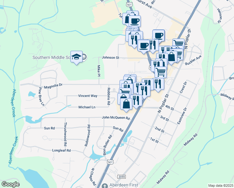map of restaurants, bars, coffee shops, grocery stores, and more near 721 Chancery Lane in Aberdeen