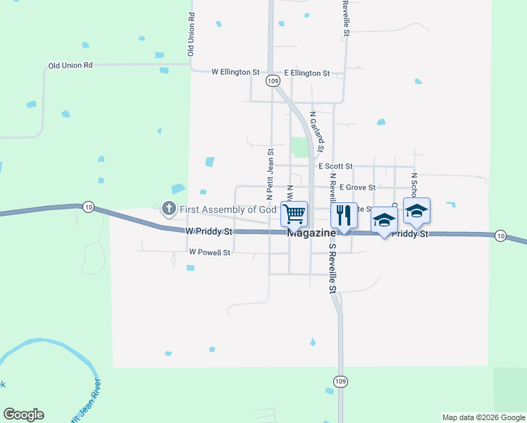 map of restaurants, bars, coffee shops, grocery stores, and more near 179 East State Street in Magazine