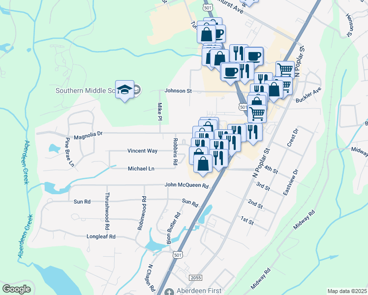 map of restaurants, bars, coffee shops, grocery stores, and more near 721 Chancery Lane in Aberdeen