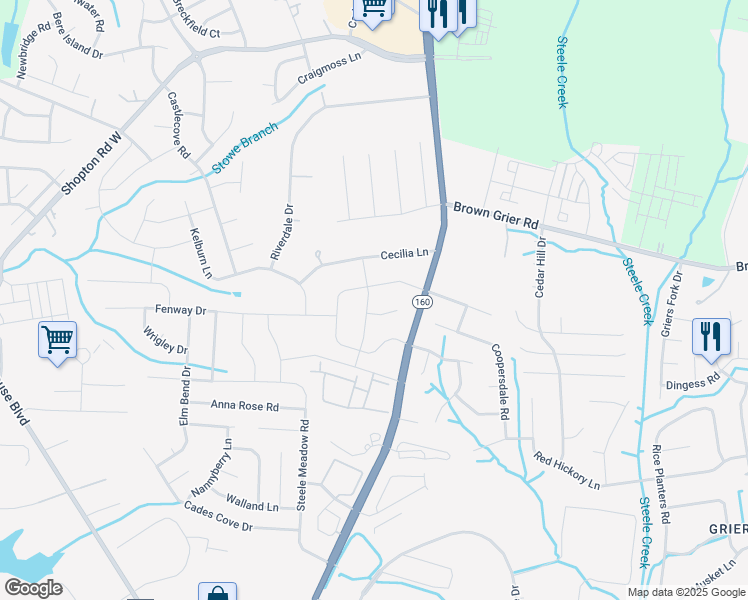 map of restaurants, bars, coffee shops, grocery stores, and more near 7310 Rupell Drive in Charlotte