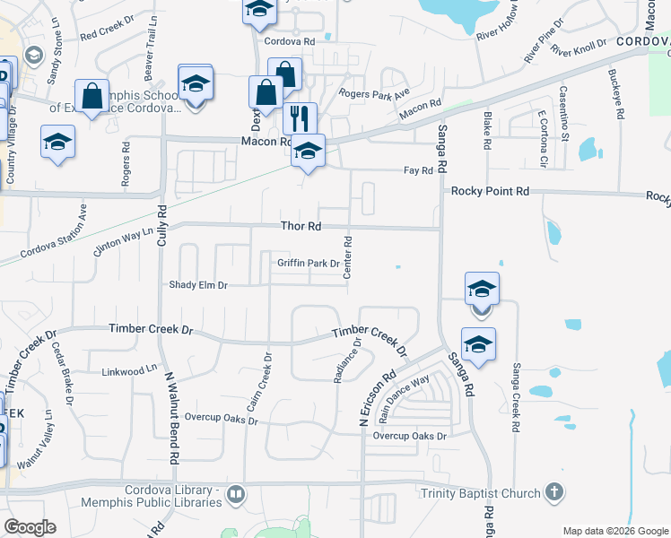 map of restaurants, bars, coffee shops, grocery stores, and more near 8591 Griffin Park Drive in Memphis