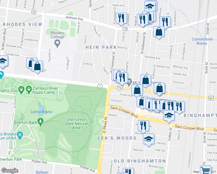 map of restaurants, bars, coffee shops, grocery stores, and more near Tennessee 1 & North Parkway in Memphis