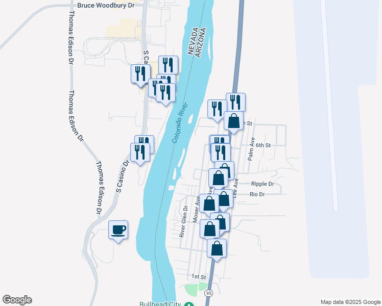 map of restaurants, bars, coffee shops, grocery stores, and more near 231 Moser Avenue in Bullhead City