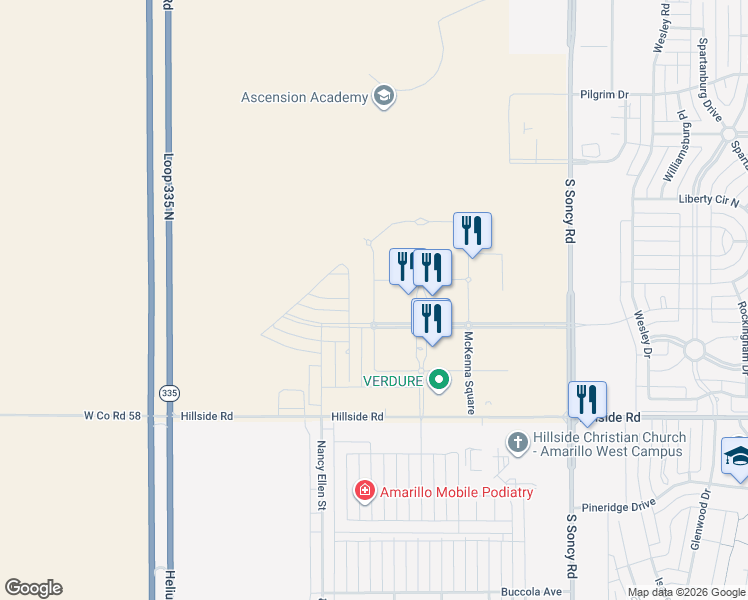 map of restaurants, bars, coffee shops, grocery stores, and more near Union Square in Amarillo