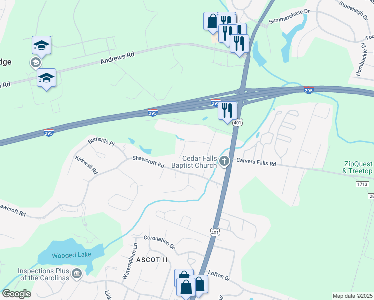 map of restaurants, bars, coffee shops, grocery stores, and more near 6120 Garden Court in Fayetteville