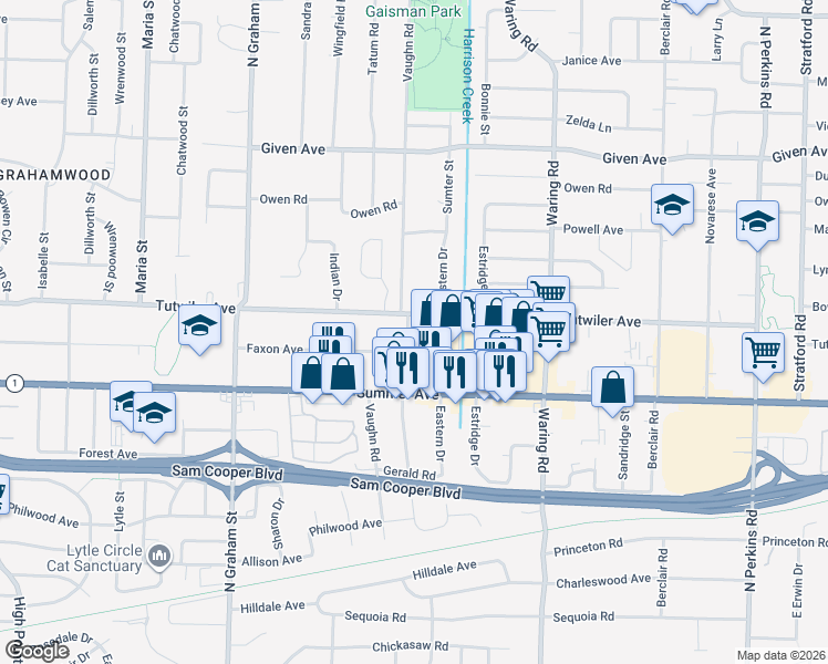 map of restaurants, bars, coffee shops, grocery stores, and more near 4199 Tutwiler Avenue in Memphis