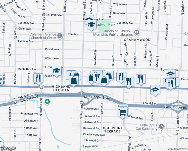 map of restaurants, bars, coffee shops, grocery stores, and more near 3540 Faxon Avenue in Memphis
