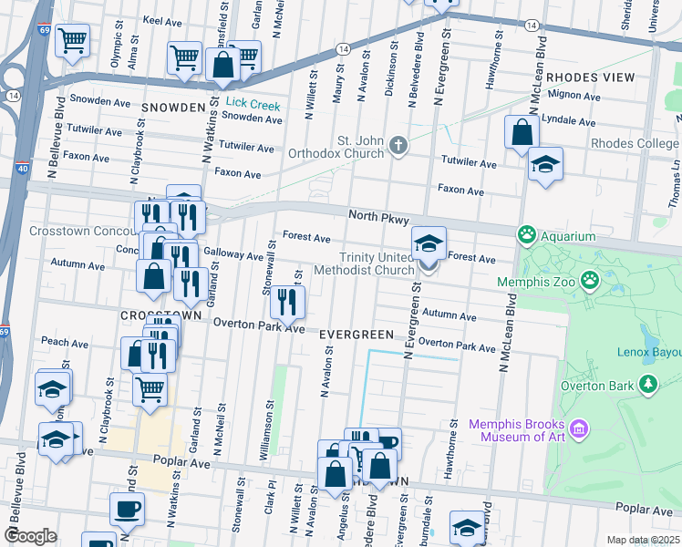 map of restaurants, bars, coffee shops, grocery stores, and more near 1601 Galloway Ave in Memphis