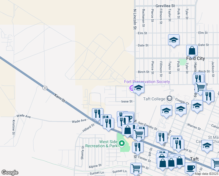 map of restaurants, bars, coffee shops, grocery stores, and more near 205 West Ash Street in Taft