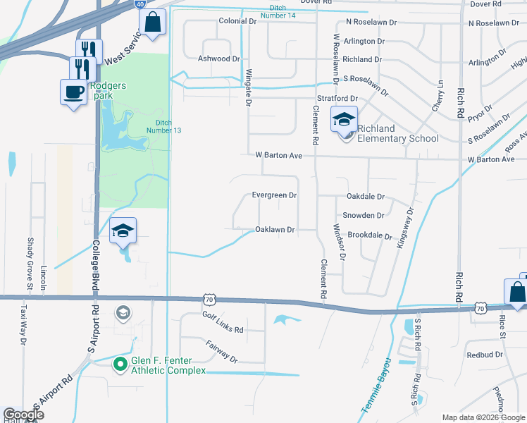 map of restaurants, bars, coffee shops, grocery stores, and more near 405 Cedar Chase Drive in West Memphis