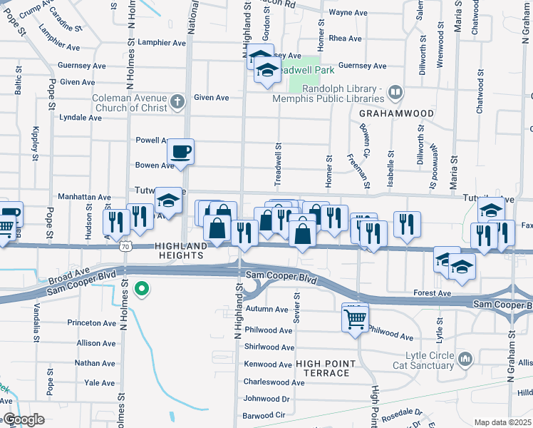 map of restaurants, bars, coffee shops, grocery stores, and more near 3540 Faxon Avenue in Memphis