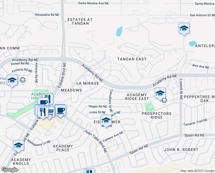 map of restaurants, bars, coffee shops, grocery stores, and more near 10909 Malaguena Lane Northeast in Albuquerque
