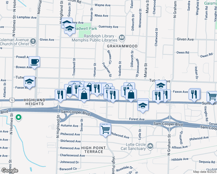 map of restaurants, bars, coffee shops, grocery stores, and more near 3718 Faxon Avenue in Memphis
