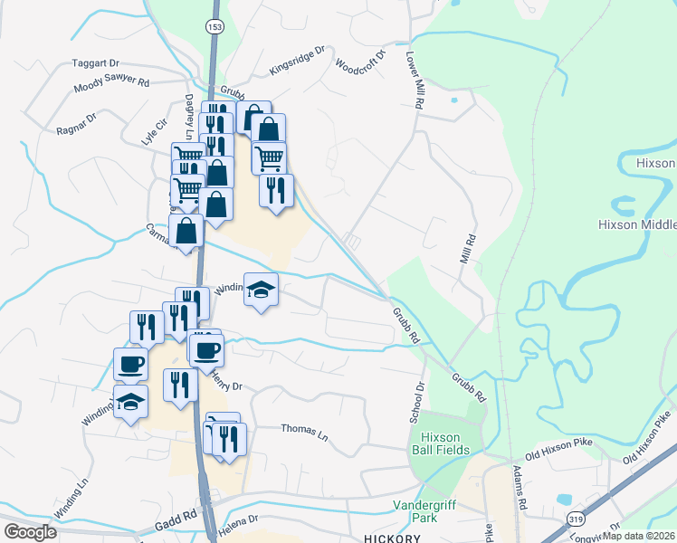 map of restaurants, bars, coffee shops, grocery stores, and more near 5723 Grubb Road in Chattanooga
