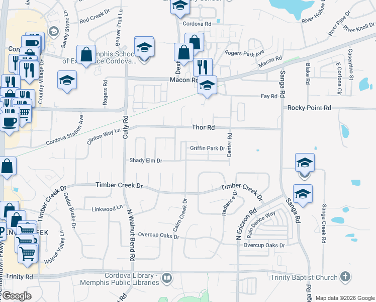 map of restaurants, bars, coffee shops, grocery stores, and more near 8501 Griffin Park Drive in Memphis