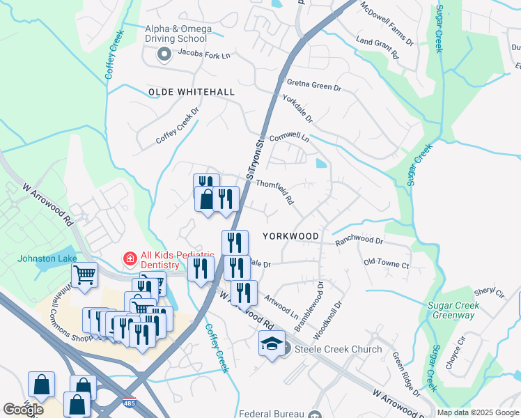 map of restaurants, bars, coffee shops, grocery stores, and more near 2218 Yorkhills Drive in Charlotte