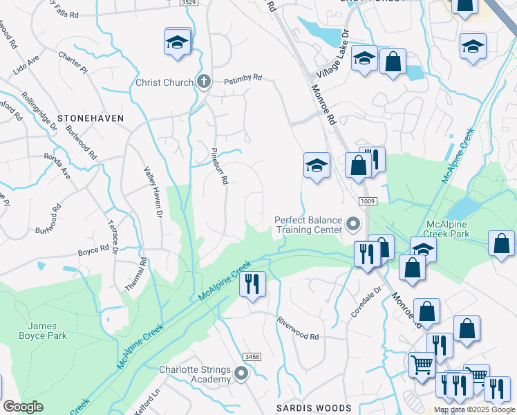 map of restaurants, bars, coffee shops, grocery stores, and more near 6227 Round Hill Road in Charlotte